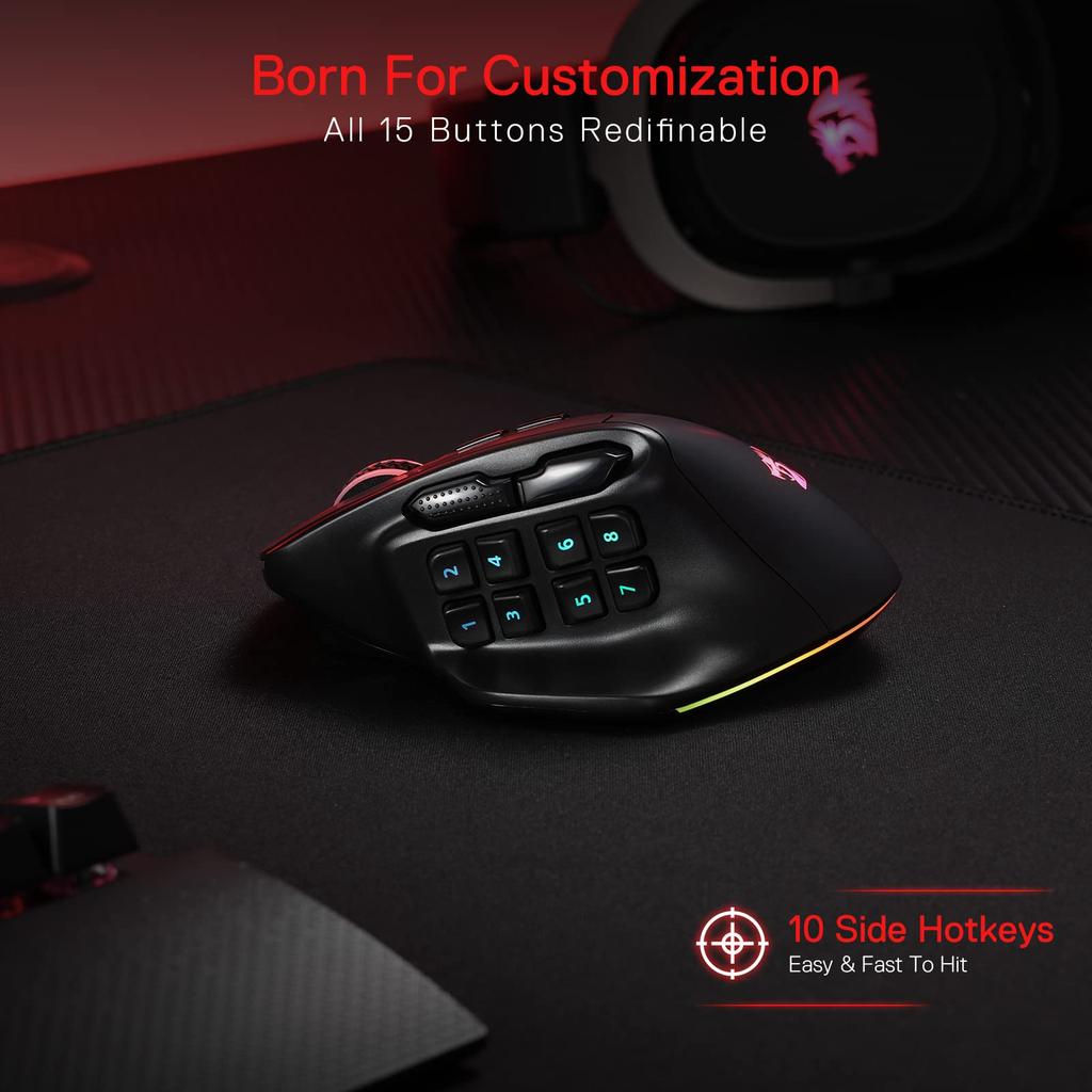 Redragon M811 PRO Wireless MMO Gaming Mouse, 15 Programmable Buttons RGB Gamer Mouse with Ergonomic Natural Grit Build, 10 Side Macro Keys, Software