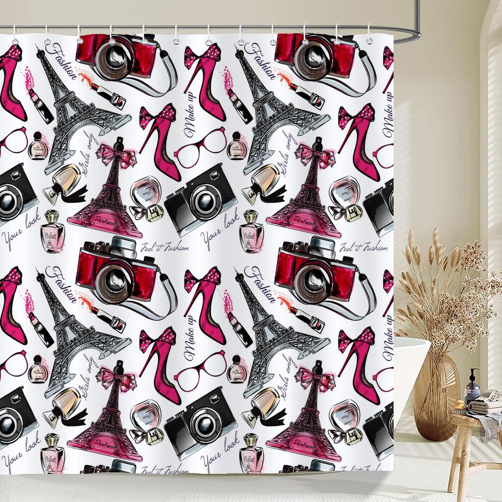 Sexy Red Lips Pink Print High Heel Shower Curtain Cosmetic Perfume Pink Girl Bedroom Decor Curtains Waterproof Bathroom Curtain