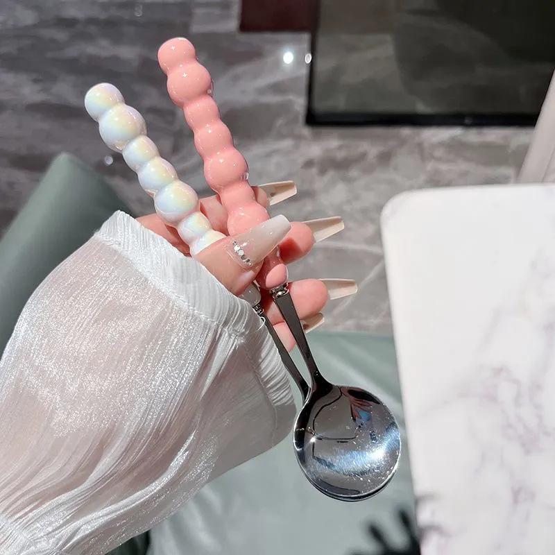 Stainless Steel Round Spoon Net Red Golden Dinner Long Handle Stirring Dessert Spoons for Kitchen Accessories Gadgets