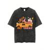 Trick Or Treat Halloween Truck Ghost Pumpkin Graphic Print Washed T-Shirt, Vintage Round Neck Casual Short Sleeve Top