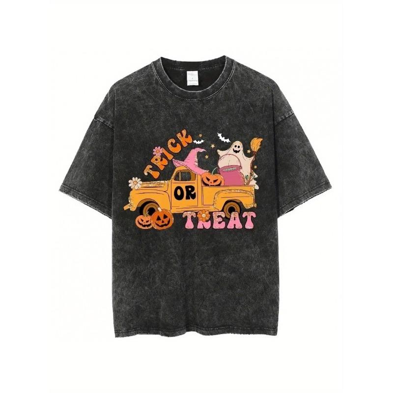 Trick Or Treat Halloween Truck Ghost Pumpkin Graphic Print Washed T-Shirt, Vintage Round Neck Casual Short Sleeve Top