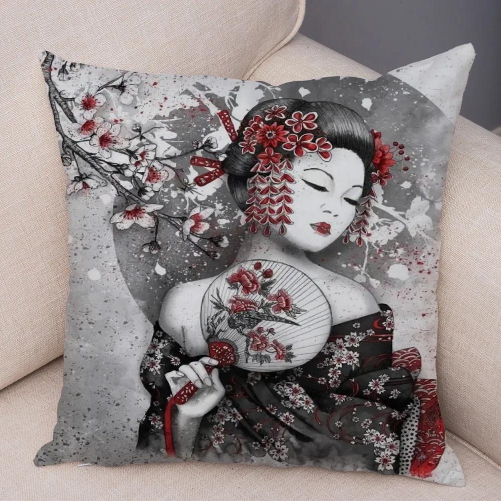 Japan Style Ink Warrior Cushion Cover for Sofa Home Double Print Decor Beautiful Scenery Girl Pillowcase Soft Plush Pillow Case