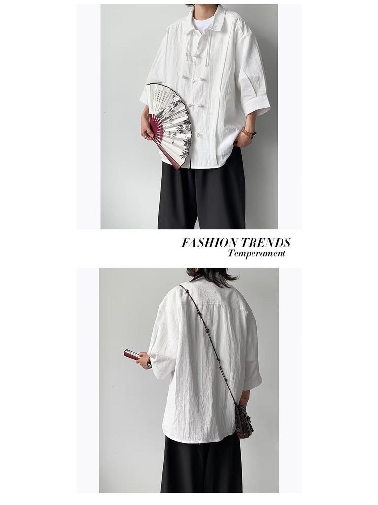 Kids' Summer Retro Tang Suit: Loose Short-Sleeve Cotton & Linen Shirt