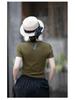 Women's Slimming Round Neck Olive Green Ribbed Cotton T-shirt