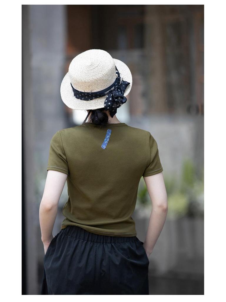 Women's Slimming Round Neck Olive Green Ribbed Cotton T-shirt