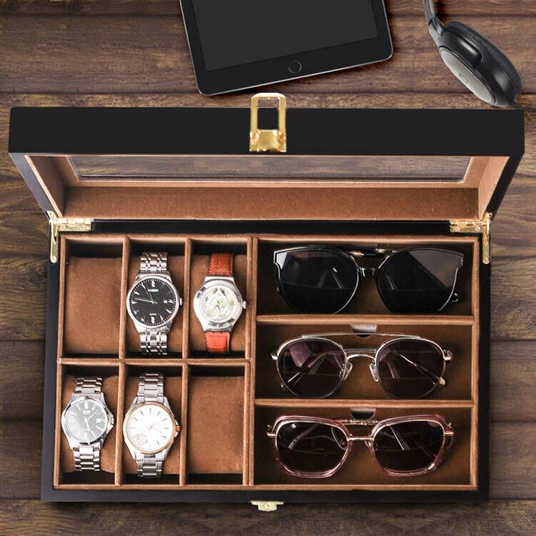 Baskiss Luxury Wooden Watch Case, Eyeglass & Sunglasses Storage Box, Fits 6 Watches or 3 Sunglasses, Perfect for Collecting Jewelry