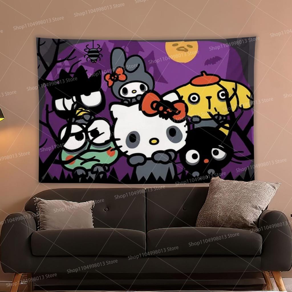 Sanrio Halloween Hello Kitty Printed Tapestry Cartoon Cute Bedroom Wall Decoration Dormitory Apartment Halloween Party Decoratio
