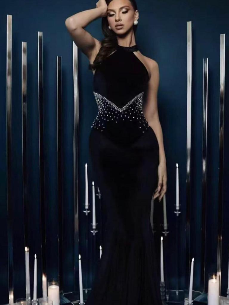 Rhinestone Evening Fishtail Dress with Waist-Cinching Bandage Design