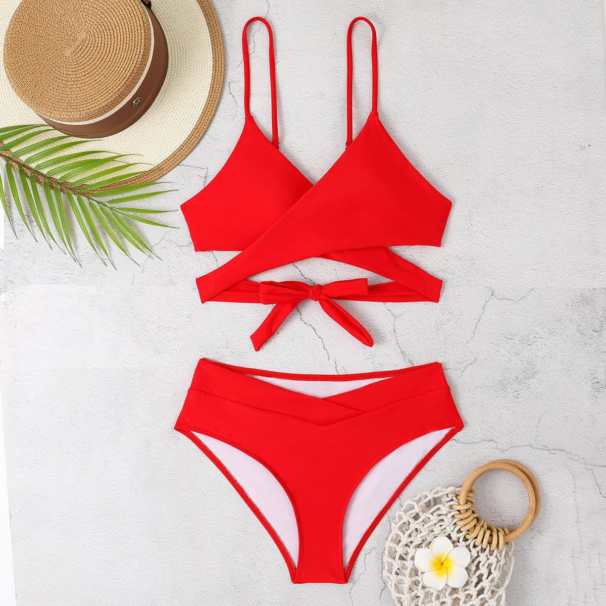 

Европейское и американское бикини 2024 года с перекрестной шнуровкой на спине и открытой спиной для женщин Extra Large красный