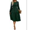 Women Autumn Midi Dress, Round Neck Puff Long Sleeve Dress, Smocked Bodice Tiered Ruffle Skirt, High Waist A‑Line Flowy Casual Elegant Ladies Dress