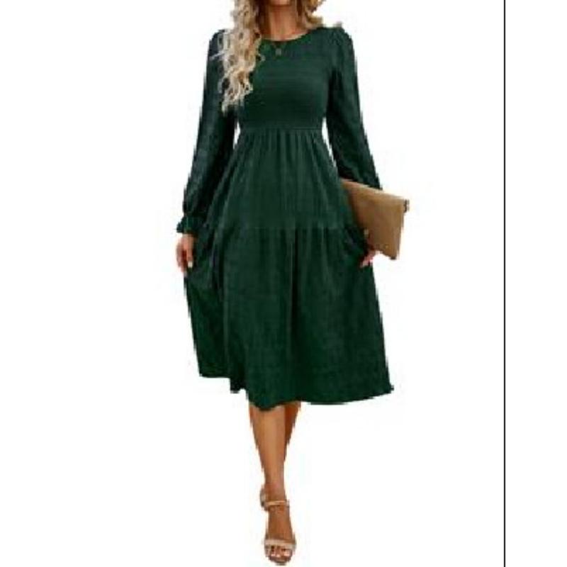 Women Autumn Midi Dress, Round Neck Puff Long Sleeve Dress, Smocked Bodice Tiered Ruffle Skirt, High Waist A‑Line Flowy Casual Elegant Ladies Dress