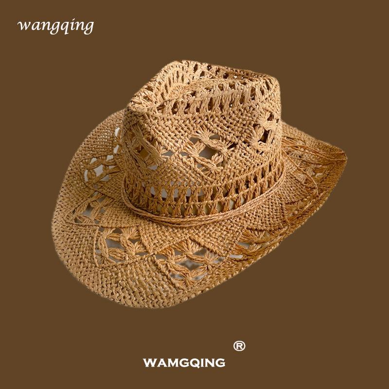 New hand-woven straw hat hollowed out spring and summer breathable men's and women's couple hats sunscreen western cowboy hat tide
