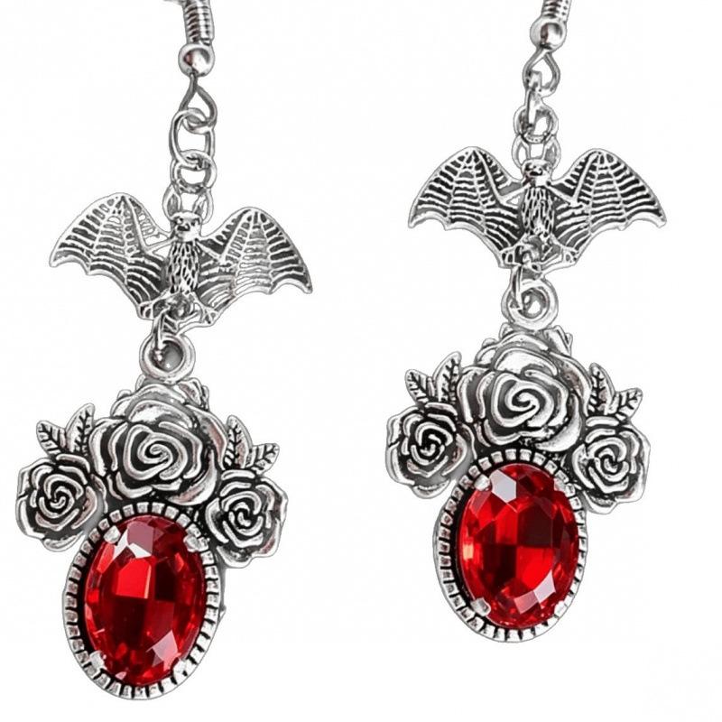 Gothic Shadow Wings Bat & Vampire Red Glass Rose Earrings