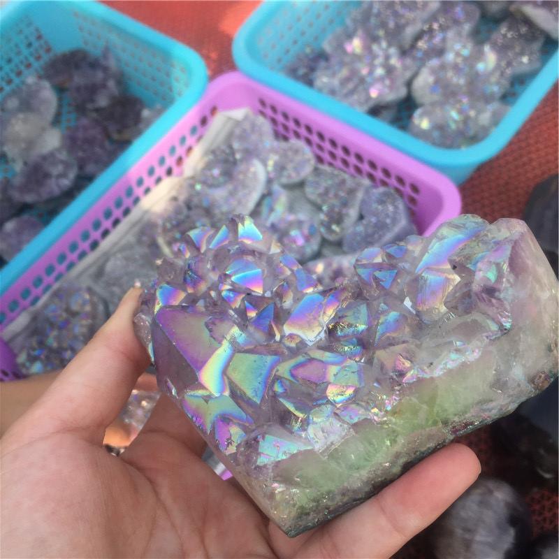 1pcs Amethyst Geode Heart Shaped Crystal Healing Crystals Stones Titanium Rainbow Aura Amethyst Cluster Angel Aura Quartz
