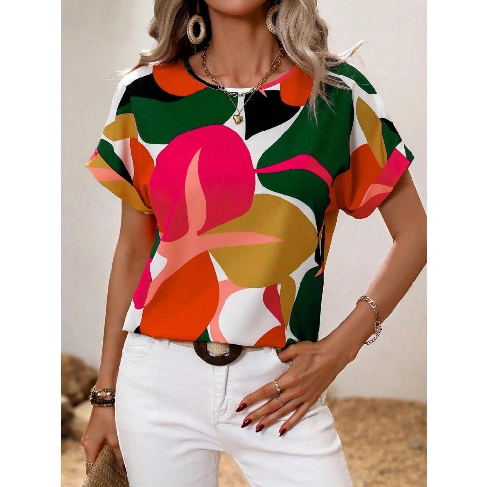 Women's Round Neck T-shirt Summer Outdoor Fashion Short-sleeved Tops Oversize Loose Ladies Clothing Flower Printing Trend Style