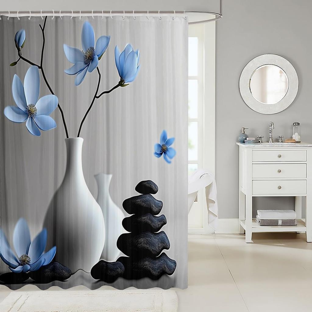 Zen Stones Bath Curtain with Hooks,White Vase Blue Flowers Aesthetic Waterproof Shower Curtain,Japanese Floral Simple Bathroom