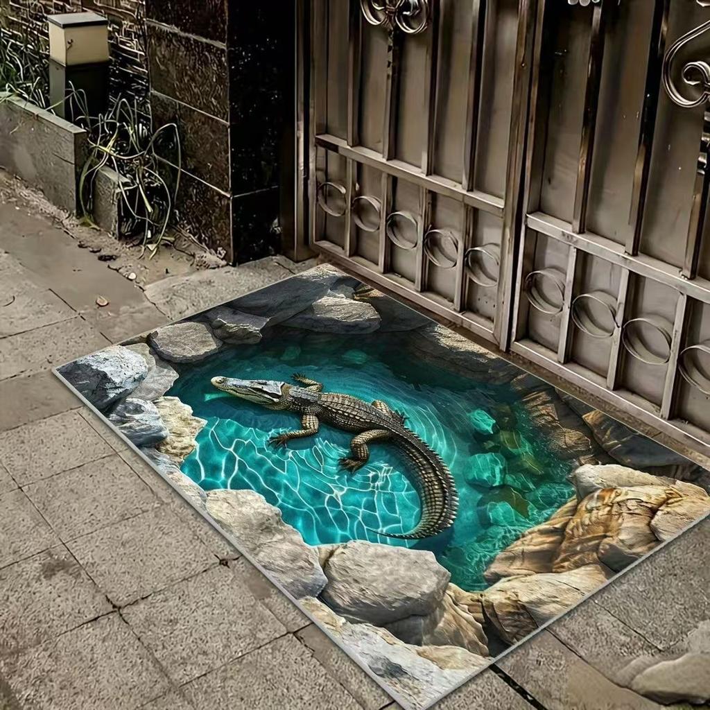 Flannel Door Mat 3D Crocodile Pattern Optical Illusion Floor Rug for Front Door Entrance Garden Home Decor Carpet