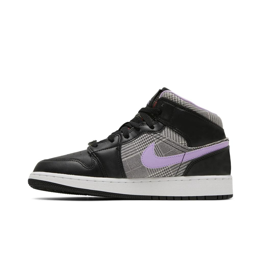 Air Jordan 1 Mid SE Grade School 'Houndstooth' (Unisex) Black / Lilac / White / Metallic Silver Kids' Basketball Shoes DC7226 015
