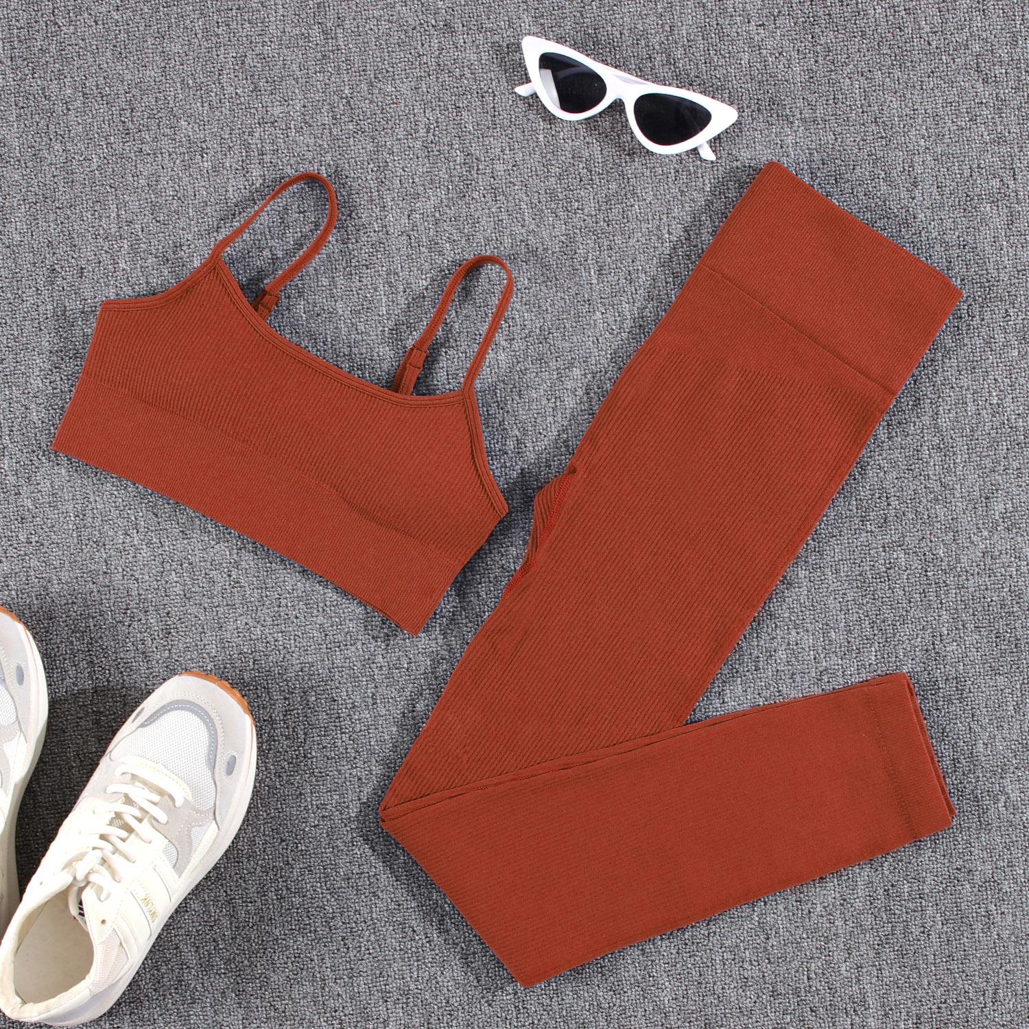 

Бесшовные леггинсы для фитнеса и спортзала, женский спортивный костюм, узкие эластичные леггинсы с эффектом пуш-ап, летний комплект Y2K, 2 шт. M кирпич красный