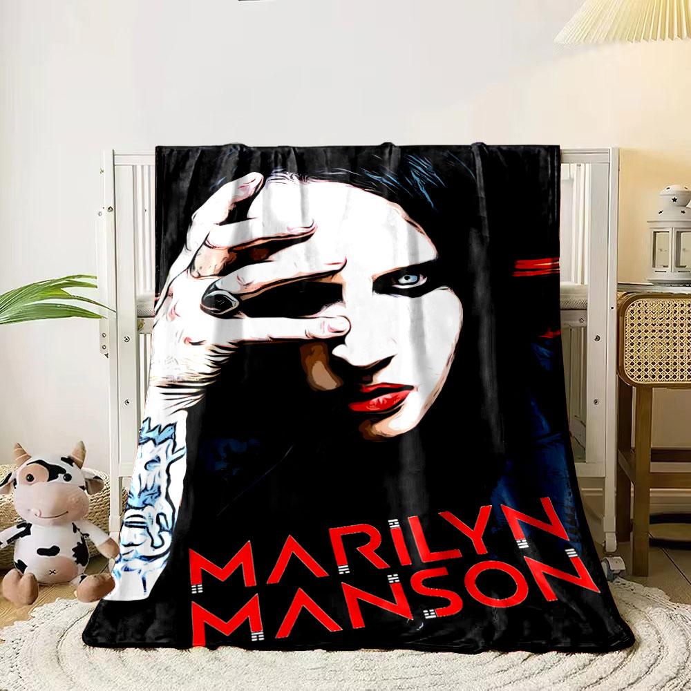 

A bold graphic design with vivid colors and red text reading MARILYN MANSON. for all seasons blanket lunch break throw gift 80cm x 120cm