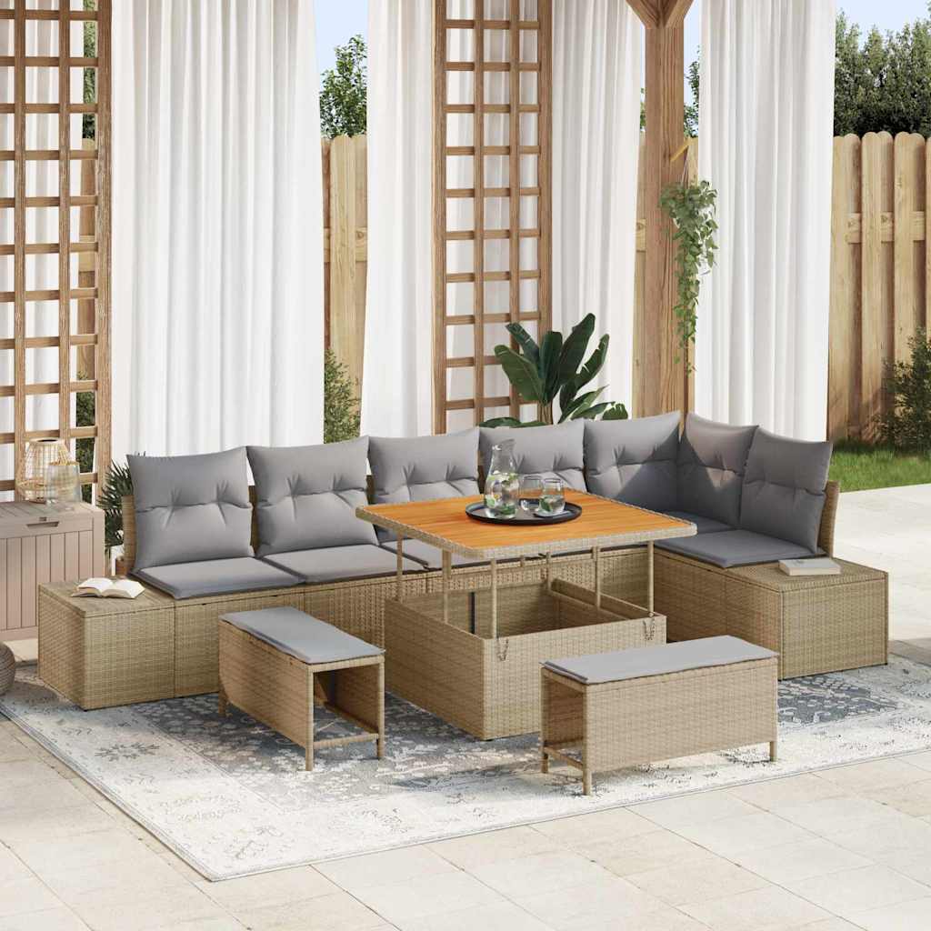 9 Piece Beige Garden Sofa Set with Cushions