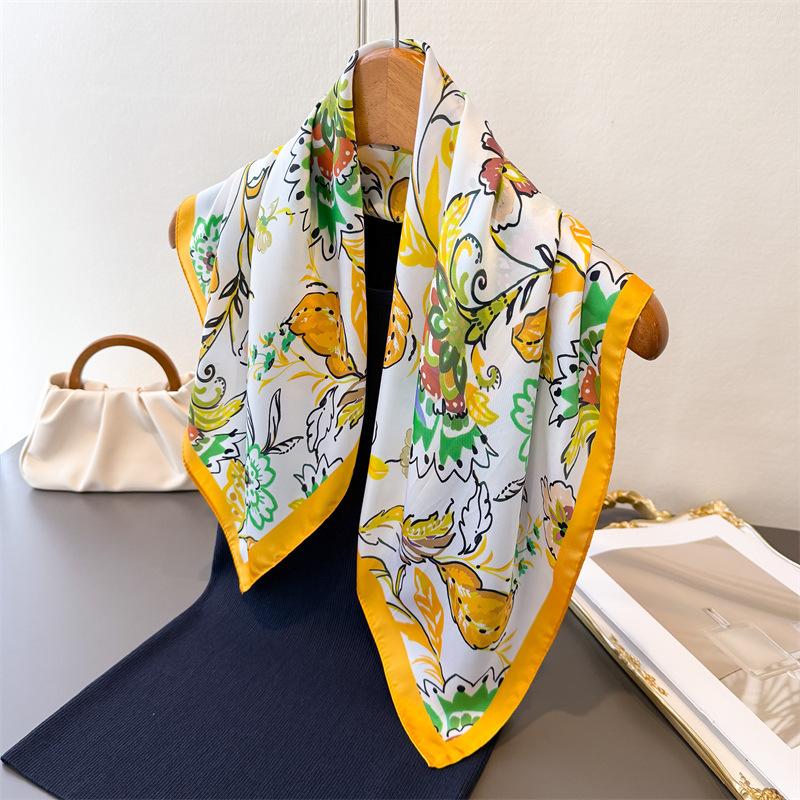 Vintage Rural High-end Printed Silk Scarf Imitation Square Versatile Shawl Neck Small Headscarf Women