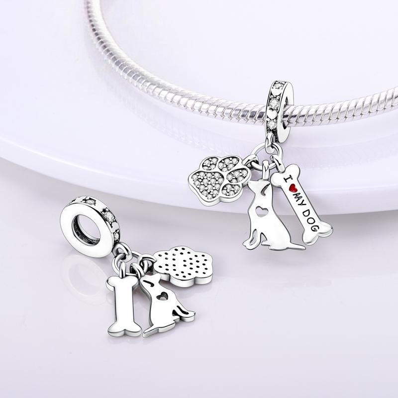 Charms Pendant Original 925 Sterling Silver Cat Dog Puppy Kitten Beaded Charms Fit Bracelet Necklace Women's DIY Jewelry Gift