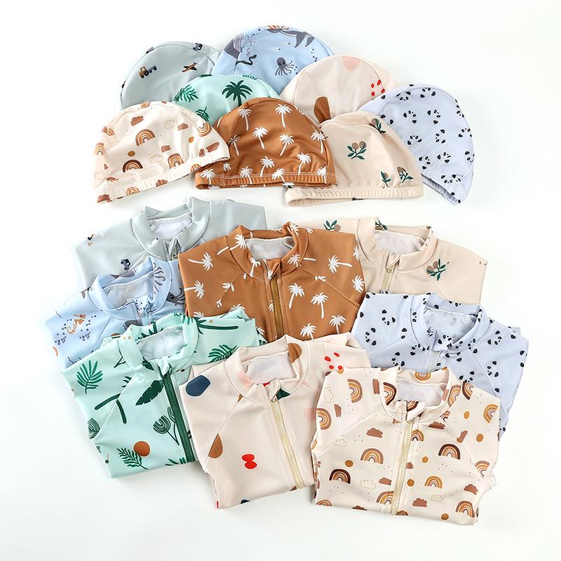 Kids' Floral One-Piece Swimsuit with Zipper and Swim Cap - Boys and Girls' Modest Design