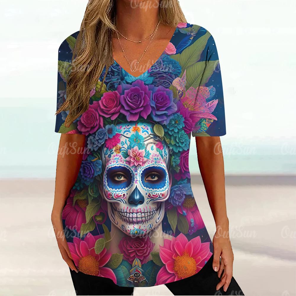 

2024 Винтаж Череп Лицо Женская футболка Топы V-образный вырез Блузки Повседневный короткий рукав свитер Лето Женская Harajuku Панк Уличная одежда 4XL