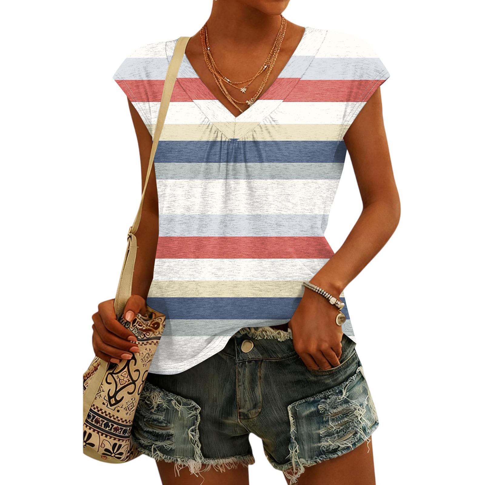 

Women s Fashion V-neck Striped Print Short Sleeve Top XL білий