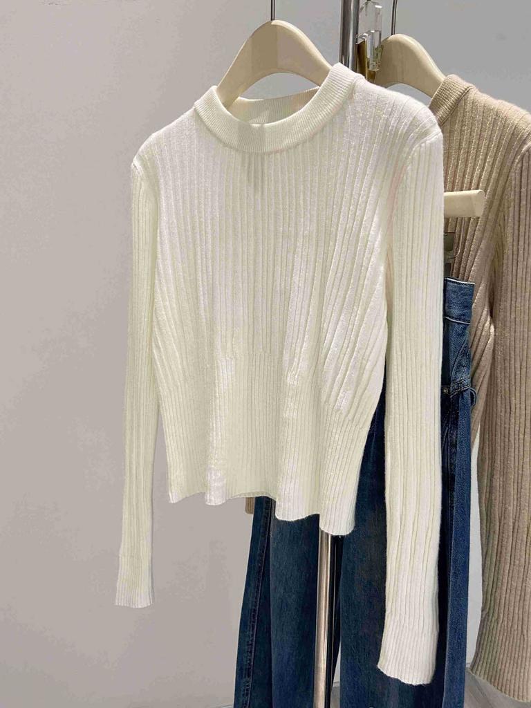 Einfacher vertikaler Rippstrickpullover Damen Herbst und Winter Temperament Taille Rundhals Unterhemd, dünnes Oberteil