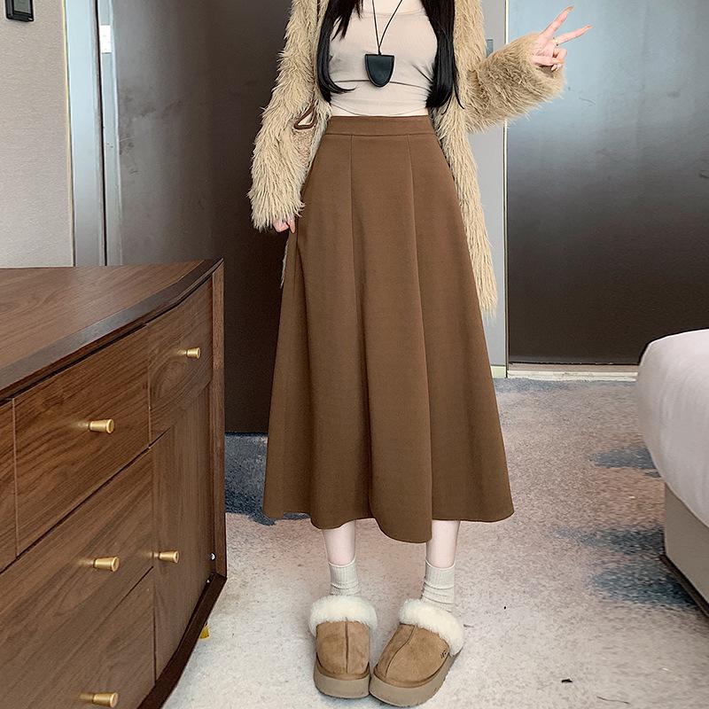 Plus Size Women's Korean Wool Flare Umbrella Skirt - High Waist A-Line for Autumn/Winter