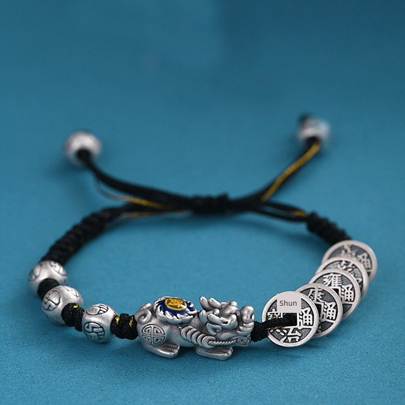 

S925 Sterling Silver Handwoven Silver Qing Dynasty Five Emperors Coins Bracelet Hand-Woven Ancient Silver Copper Coin Carrying Strap Couple Bracelet Bracelet (15-19 wrists)