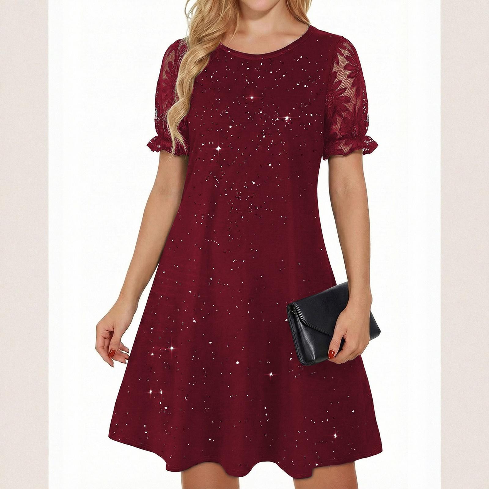 Ladies  Round Neck Lace Patchwork Short Sleeved Slim Fit Dress XXL винный