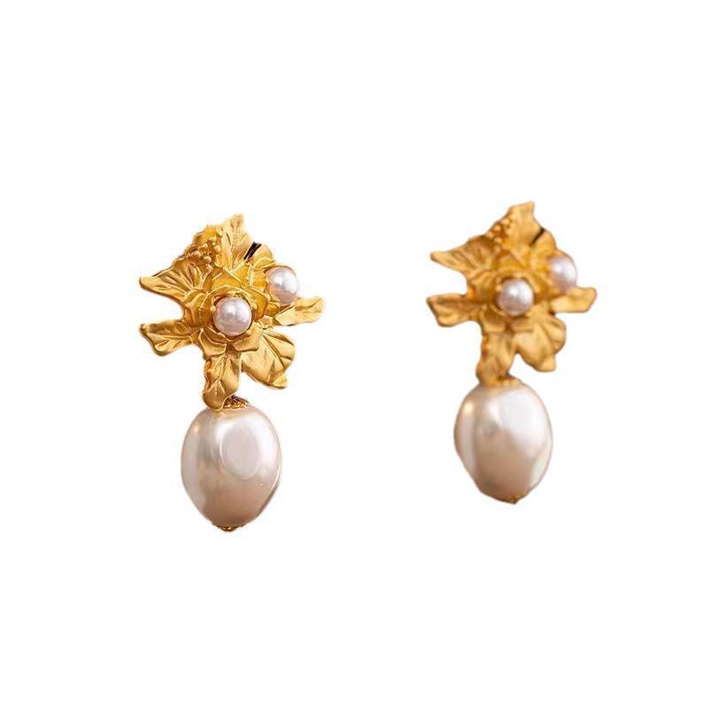 S silver needle gold flower irregular pearl stud earrings women's antique light luxury rose flower earrings ear jewelry