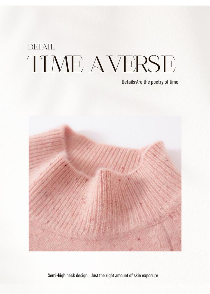 Women's Cashmere Sweater, Half-High Neck Pullover, Solid Color Knit, Loose-Fit Base Layer for Autumn/Winter.
