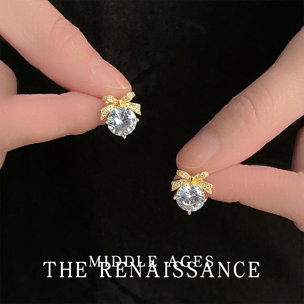 Light medieval zircon bow stud earrings French court style niche stud earrings