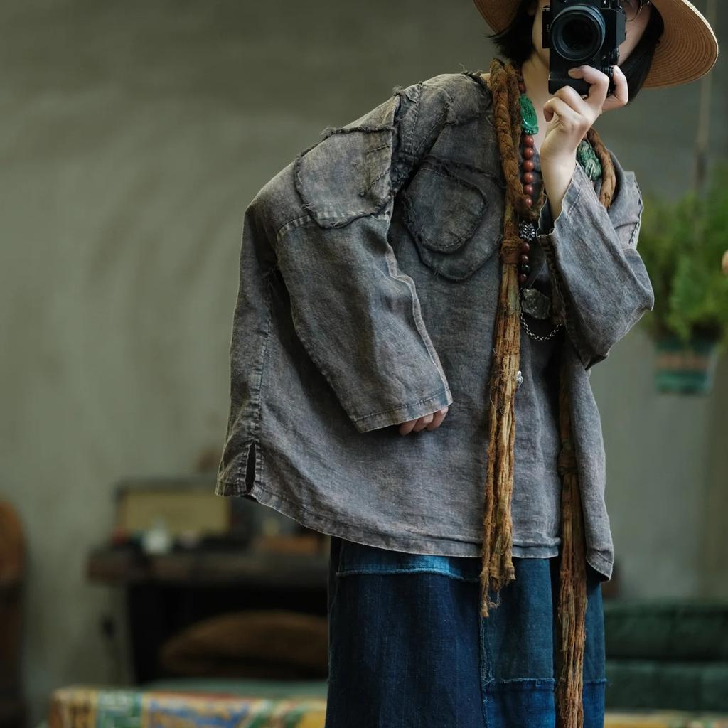 Johnature Damen Vintage T-Shirts Locker Herbst Patchwork Floral Unifarben Langarm Chinesischer Stil T-Shirt