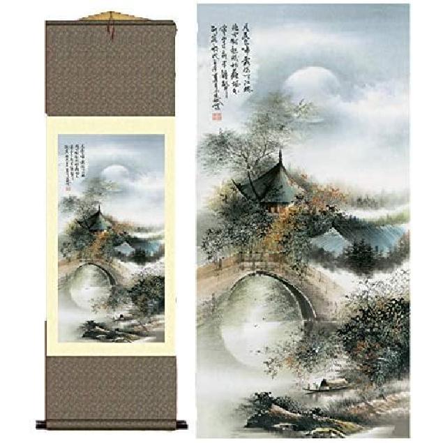 AtfArt Asian Wall Decor - Beautiful Silk Scroll Painting of Waterfall River Landscape - Mountain Spring Autumn Color Oriental Decor Chinese Art Wall