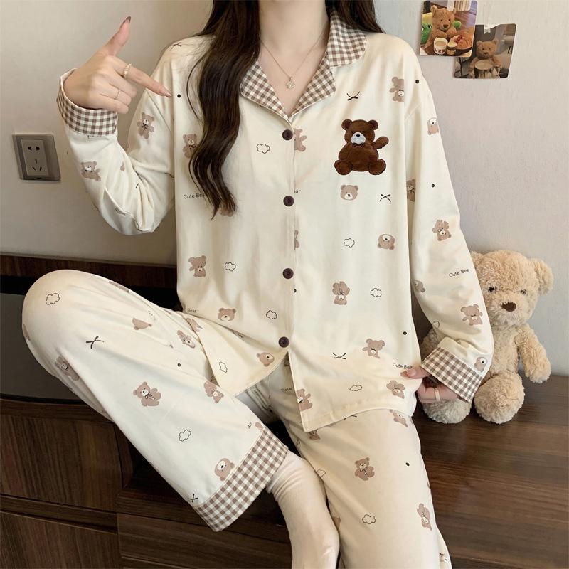 Spring and Autumn New Imitation Cotton Pajamas Women's High-end Plaid Long-sleeved Cartoon Embroidered Loungewear Two-piece Set