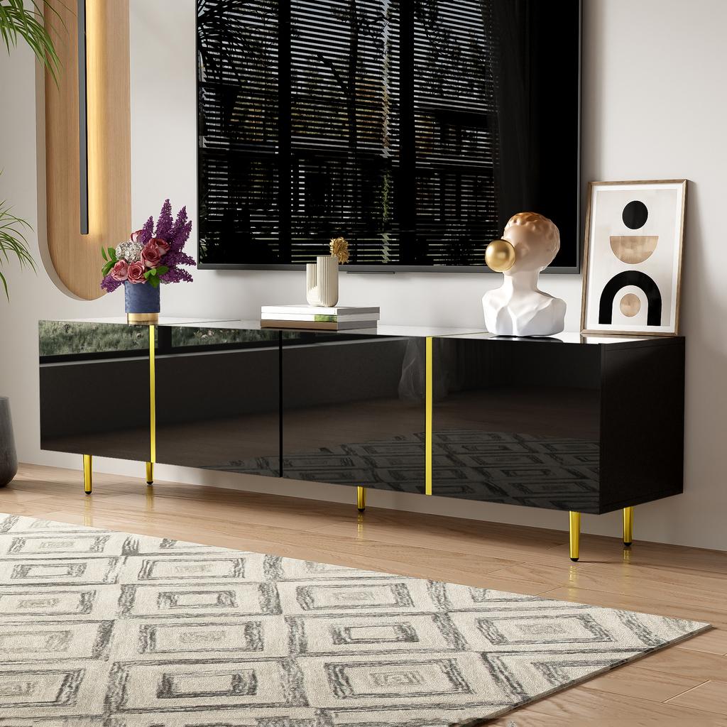 Black High-gloss TV Cabinet with 4 Doors, Modern and Simple, In Black-gold Color Combination