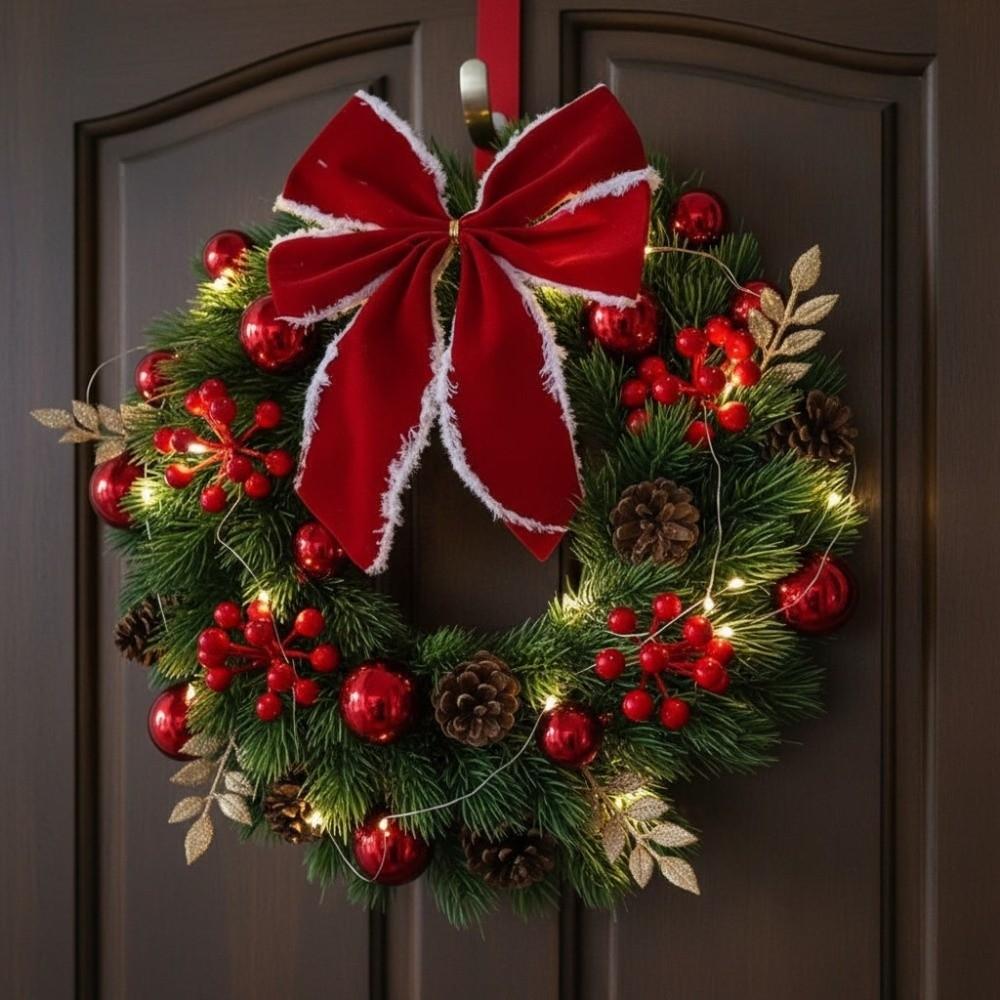 With LED Light and Bow Christmas Wreath Xmas Hanging Ornaments  Door