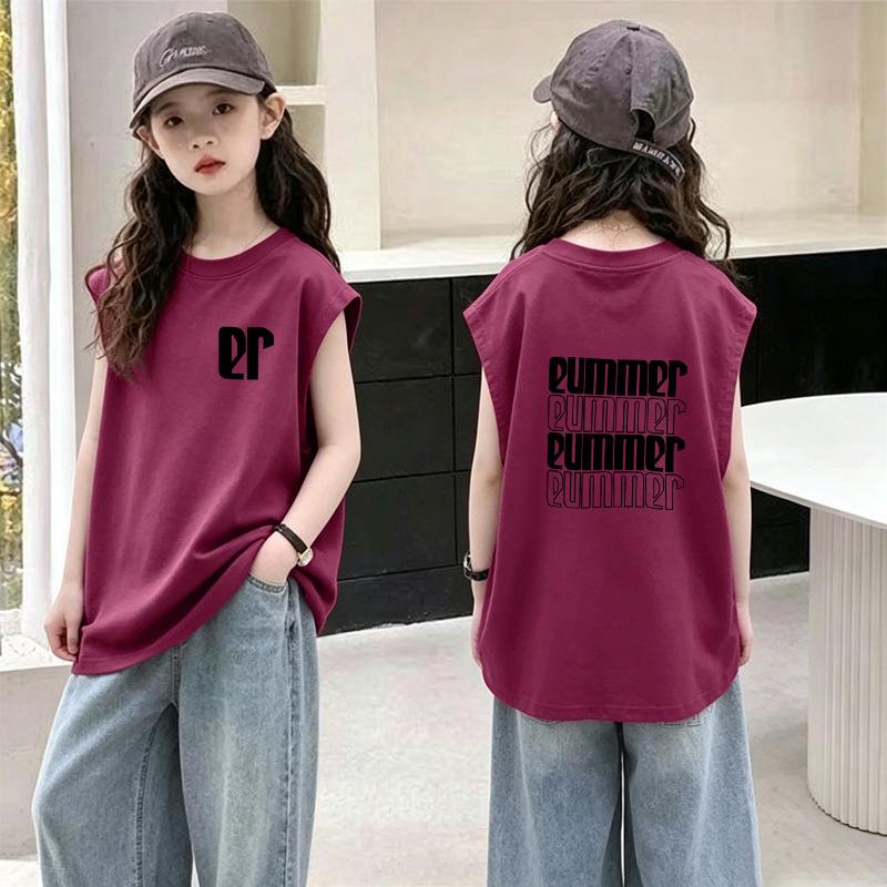 Korean-Style Girls' Cotton Sleeveless Top (Ages 6-12) - Versatile, Loose Fit, Round Neck