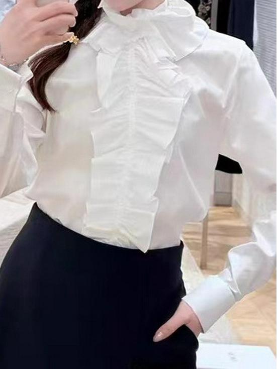 Elegant French-inspired Ruffled Stand-Collar Shirt: Detachable, Loose-Fit, Slimming, Mid-Length, Perfect for Commuting