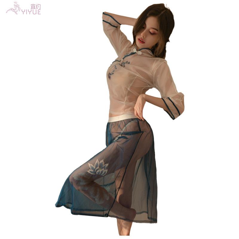Erotic Lingerie Sexy Classical Printed Cheongsam Retro Style Hot See-through Open Uniform Set 8559