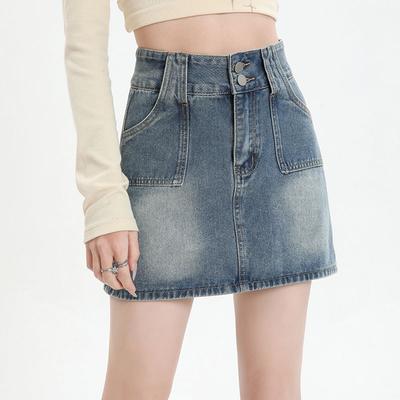 Eşsiz Cazibe Kısa Etek Yüksek Bel Çift Düğmeli Çok Yönlü Kalem Etek A-kesim Retro Yarım Boy Etek Pantolon Bayan Yaz Modası Kot Kısa Etek