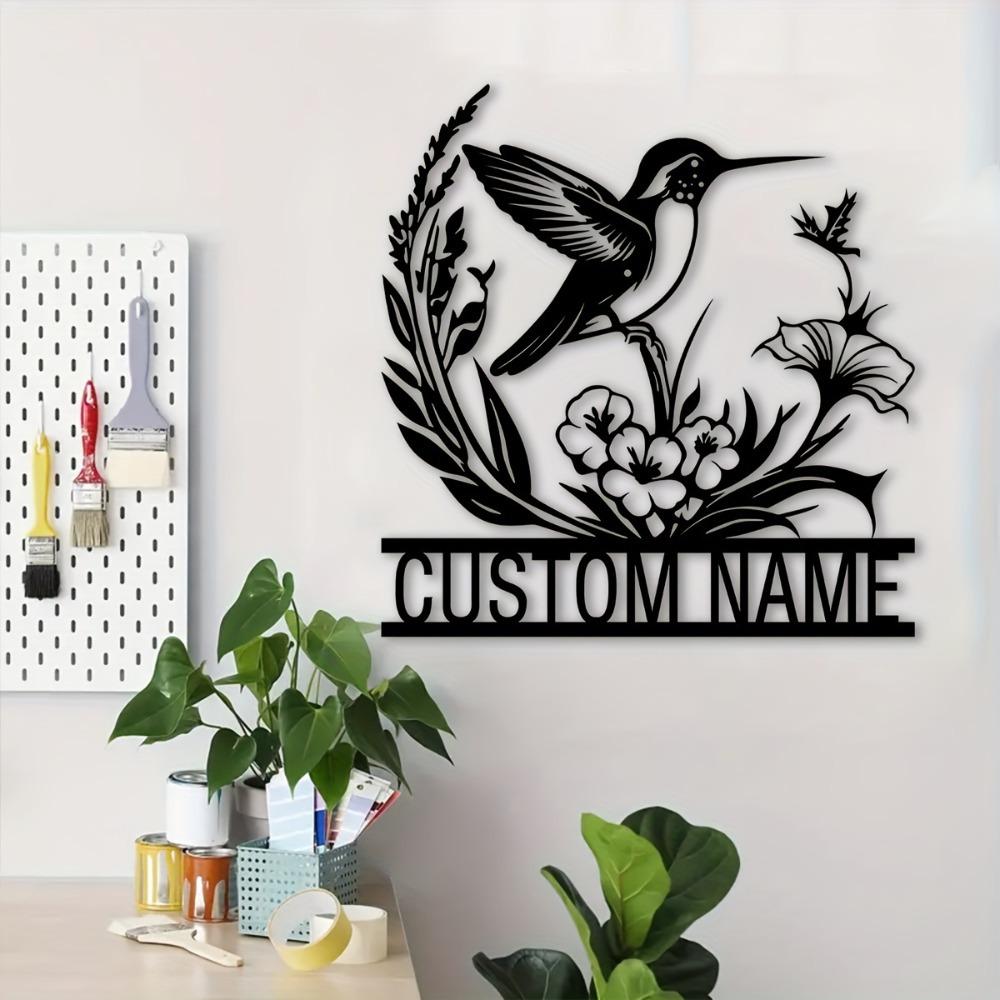 1pc Custom Metal Bird & Floral Wall Art, Personalized Rustic Name Sign for Veranda, Courtyard, Souvenir, Wall Sculpture.