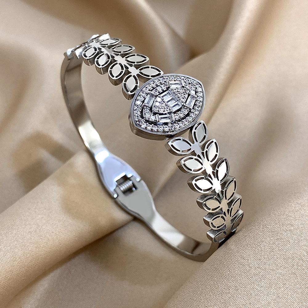 Stainless Steel Bangle Bracelet Inlay Luxury Rhinestones Gorgeous Synthetic Zirconia Geometric Oval Square Stars Shape for Women