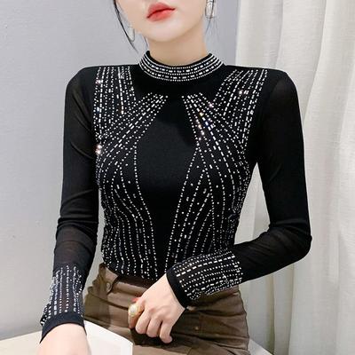 Primavera Outono Roupas Europeias de Leopardo Camiseta Elegante Mulheres Gola Alta Brilhante Strass Tops Moda Manga Longa Slim Tees de Malha