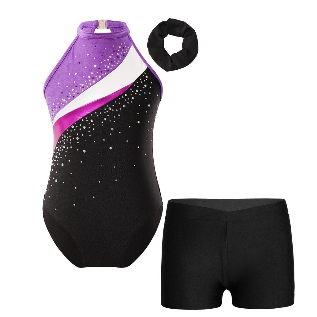 Children's Girls' Sleeveless Shiny Dance Leotards with Hair Band and Shorts Ballet Gymnastics Competition Jumpsuit Outfits